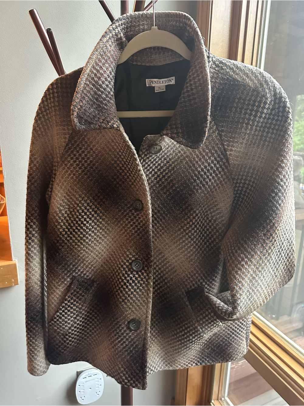 Pendleton Brown Beige Plaid Wool Pea Coat